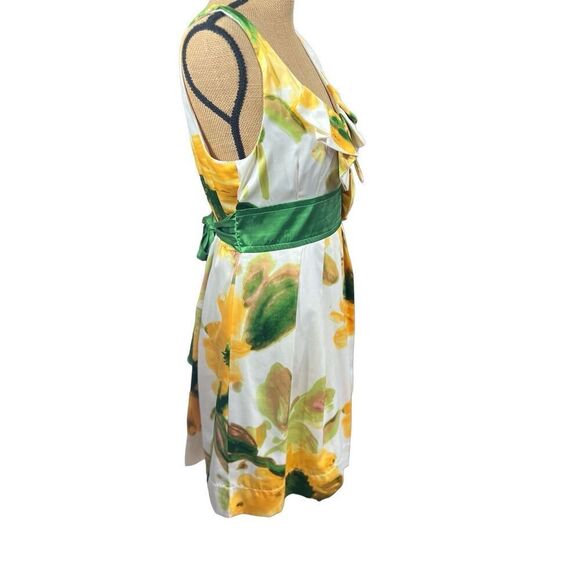 Vintage Inspired Yellow Floral Sundress Size 13 Tulle V-Neck Green Waistband - Picture 8 of 13